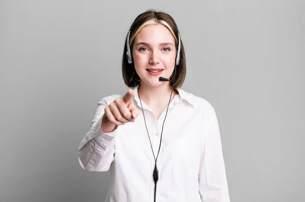 Young Pretty Woman Pointing Camera Choosing You Telemarketer Concept — Stock Photo, Image