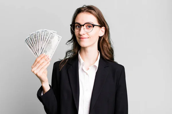 Jovem Mulher Negócios Bonita Com Notas Dólar — Fotografia de Stock