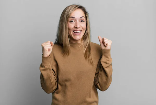 Blonde Adult Woman Feeling Happy Positive Successful Celebrating Victory Achievements — Stock Photo, Image