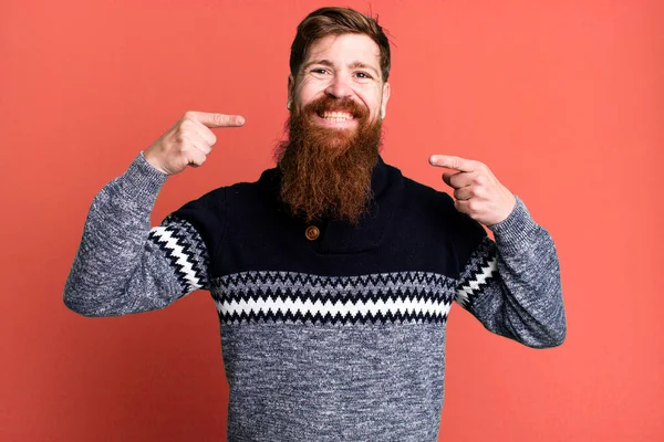 Long Beard Red Hair Man Smiling Confidently Pointing Own Broad — Stock Photo, Image