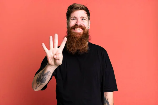 Long Beard Red Hair Man Smiling Looking Friendly Showing Number — Stock Photo, Image