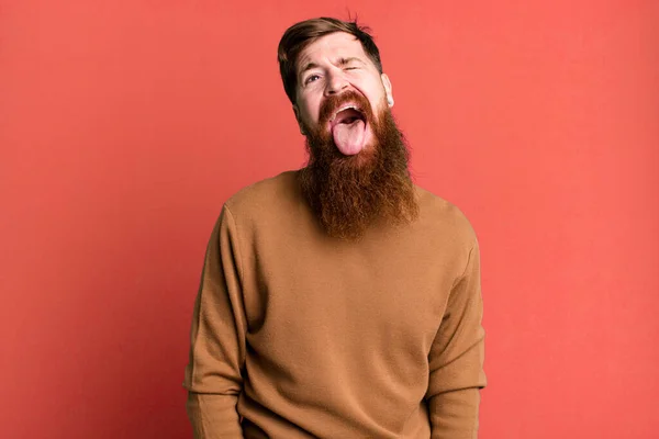 Длинная Борода Рыжий Мужчина Веселым Бунтарским Отношением Шутя Высовывая Язык — стоковое фото