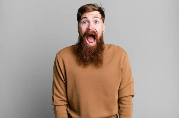 Длинная Борода Рыжие Волосы Мужчина Выглядит Шокирован Удивлен — стоковое фото