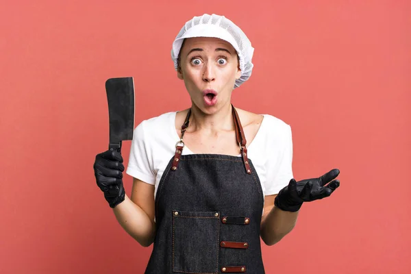 stock image amazed, shocked and astonished with an unbelievable surprise. butcher concept