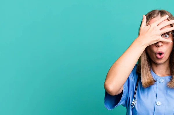 Looking Shocked Scared Terrified Covering Face Hand Nurse Concept — Stock Photo, Image
