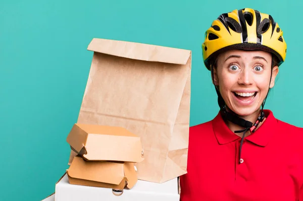Looking Happy Pleasantly Surprised Fast Food Delivery Take Away — Fotografia de Stock
