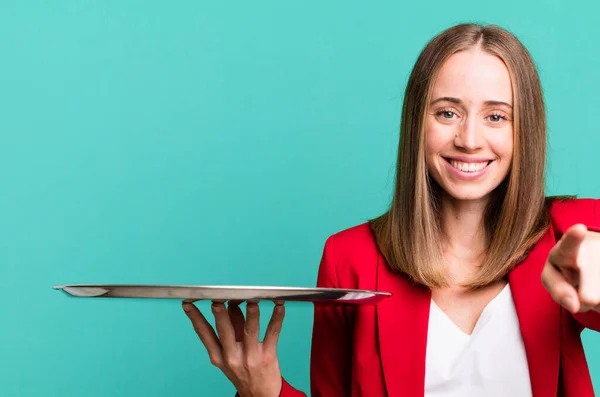 Pointing Camera Choosing You Businesswoman Presenting Tray — Stock Photo, Image