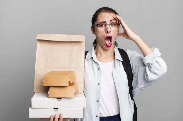 Pretty Hispanic Woman Looking Happy Astonished Surprised Delivery Fast Food — Stock Photo, Image