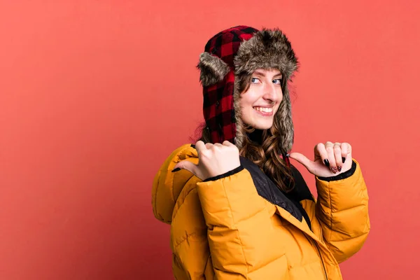 Caucasian Pretty Blonde Woman Wearing Anorak Hat Winter Cold Concept — Stock Photo, Image