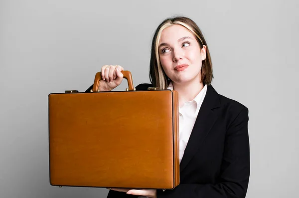 Young Pretty Businesswoman Leather Suitcase — Stock Photo, Image