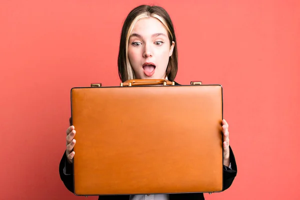 Young Pretty Businesswoman Leather Suitcase — Stock Photo, Image