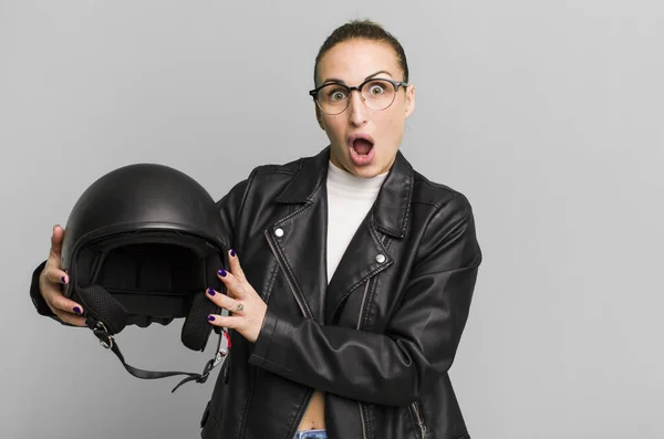 Young Pretty Woman Motorbike Helmet Leather Jacket — Foto Stock