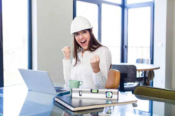 Young Adult Pretty Architect Woman Working Office Laptop — Stockfoto