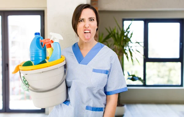 Young Pretty Woman Feeling Disgusted Irritated Tongue Out Housekeeper Concept — Fotografia de Stock