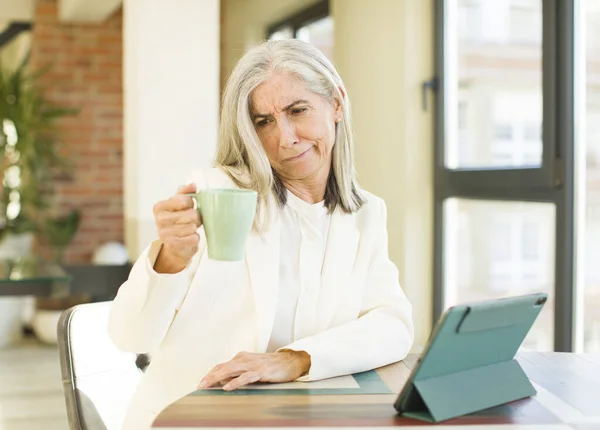 Senior Pretty Woman Smiling Looking Happy Confident Expression Touch Screen — Stock Photo, Image