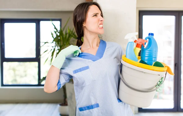 Young Pretty Woman Feeling Stressed Anxious Tired Frustrated Housekeeper Concept — Stock Photo, Image