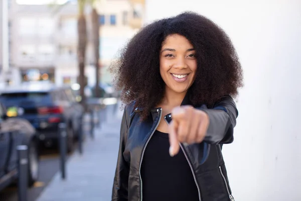African American Pretty Woman Pointing Camera Satisfied Confident Friendly Smile — Stock Photo, Image