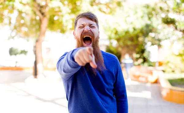 Kızıl Sakallı Adam Sana Gülüyor Kamerayı Gösteriyor Seninle Dalga Geçiyor — Stok fotoğraf