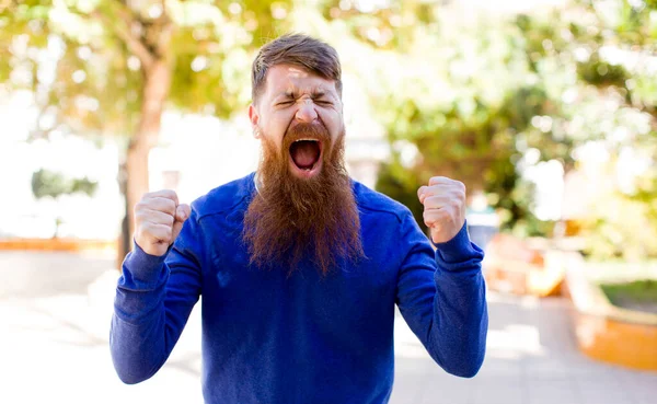 Zrzavé Vlasy Vousatý Muž Křičí Agresivně Podrážděný Frustrovaný Naštvaný Pohled — Stock fotografie