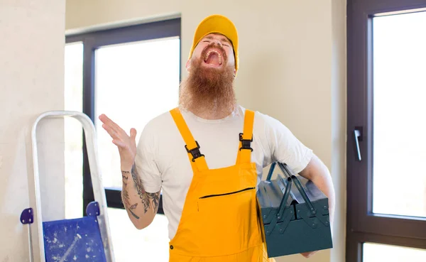 Red Hair Man Screaming Hands Air Repairing Home Handyman Concept — Stock Photo, Image