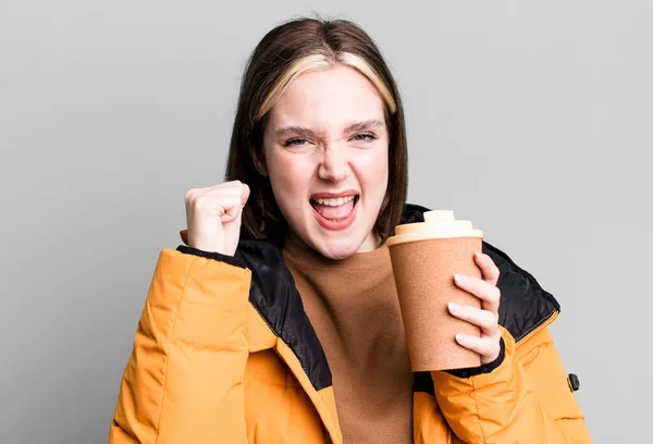 Young Pretty Woman Coat Take Away Coffee — Stockfoto