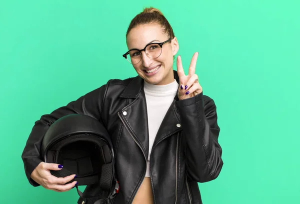 Young Pretty Woman Motorbike Helmet Leather Jacket — Stockfoto