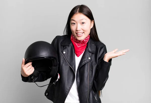 Young Adult Pretty Asian Woman Motorbike Rider Leather Jacket Helmet — Stock Photo, Image