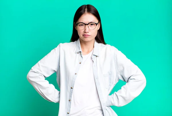 Young Adult Pretty Asian Expressive Woman Copy Space Side — Fotografia de Stock