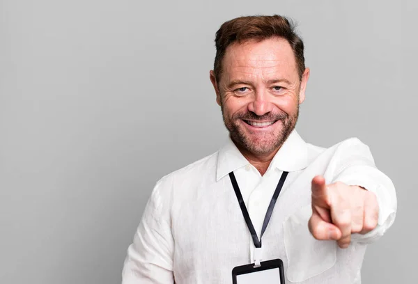 Middle Age Man Pointing Camera Choosing You Vip Pass Accreditation — Stock Photo, Image