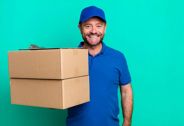 Middle Age Man Looking Happy Pleasantly Surprised Paker Delivery Man — Stock Photo, Image