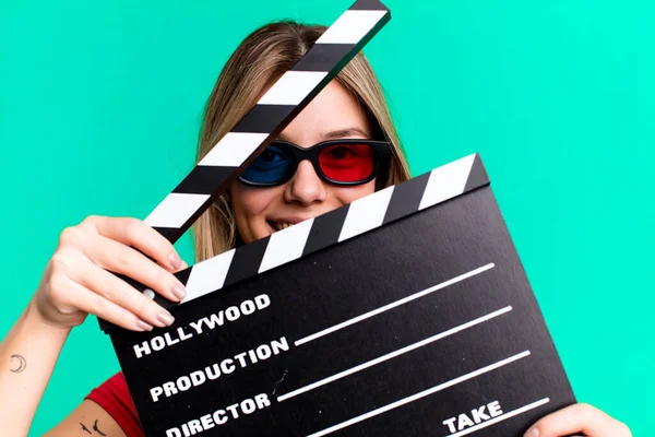 Young Pretty Woman Cinema Clapper Film Movie Concept — Stock Photo, Image