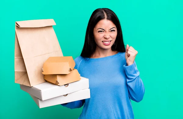 Hispanic Pretty Woman Shouting Aggressively Angry Expression Take Away Fast — Stock Photo, Image