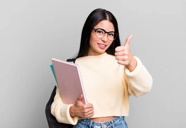 Hispanic Pretty Woman Feeling Proud Smiling Positively Thumbs University Student — Stockfoto