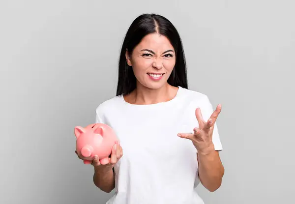 Hispanic Pretty Woman Looking Angry Annoyed Frustrated Piggy Bank — Stockfoto