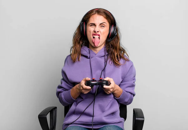 Hispanic Pretty Woman Feeling Disgusted Irritated Tongue Out Gamer Concept —  Fotos de Stock