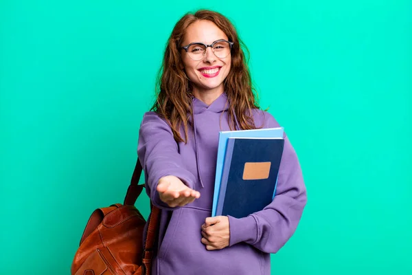 Hispanic Pretty Woman Smiling Happily Friendly Offering Showing Concept University — Stock Photo, Image