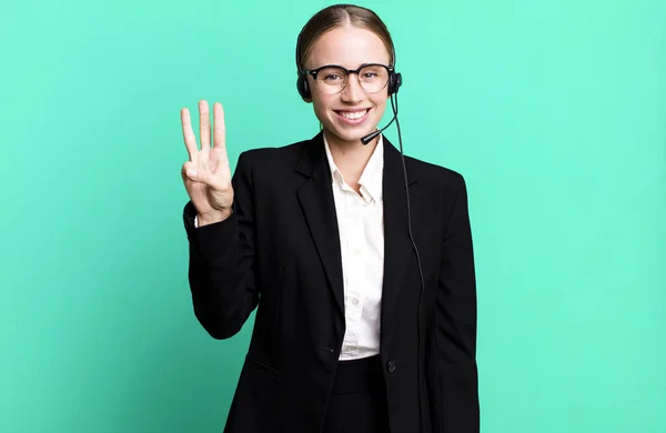 Caucasian Pretty Woman Smiling Looking Friendly Showing Number Three Telemarketing — Stock Photo, Image