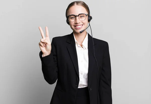 Caucasian Pretty Woman Smiling Looking Friendly Showing Number Two Telemarketing — Stock Photo, Image