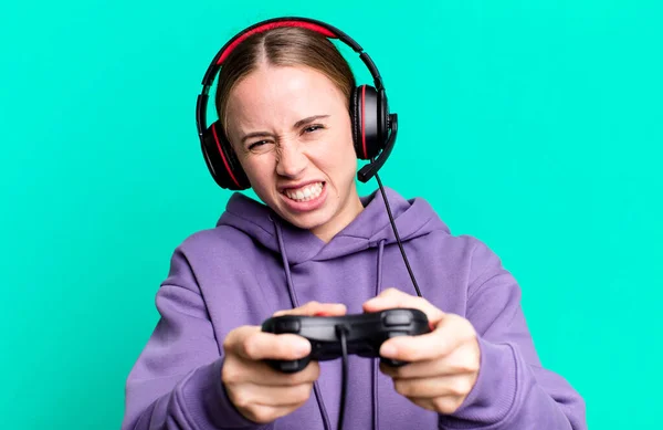 Blonde Pretty Young Caucasian Woman Playing Game Headphones Control Gamer — Foto Stock