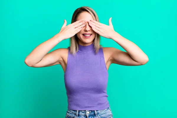 Blonde Adult Woman Smiling Feeling Happy Covering Eyes Both Hands — Foto Stock
