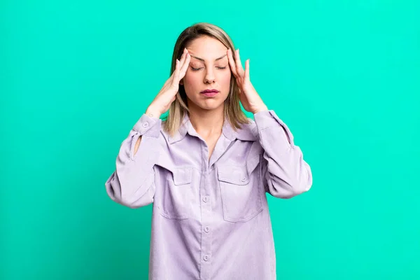 Blonde Adult Woman Looking Stressed Frustrated Working Pressure Headache Troubled — Stock Photo, Image