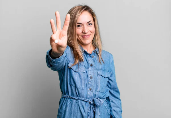 Blonde Adult Woman Smiling Looking Friendly Showing Number Three Third — Stock Photo, Image