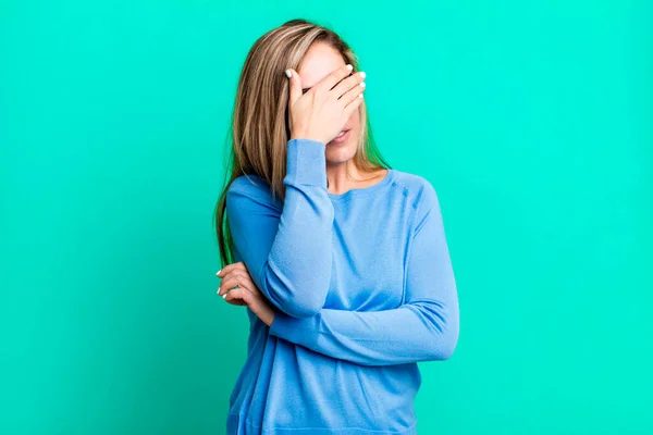 Blonde Adult Woman Looking Stressed Ashamed Upset Headache Covering Face — Stockfoto