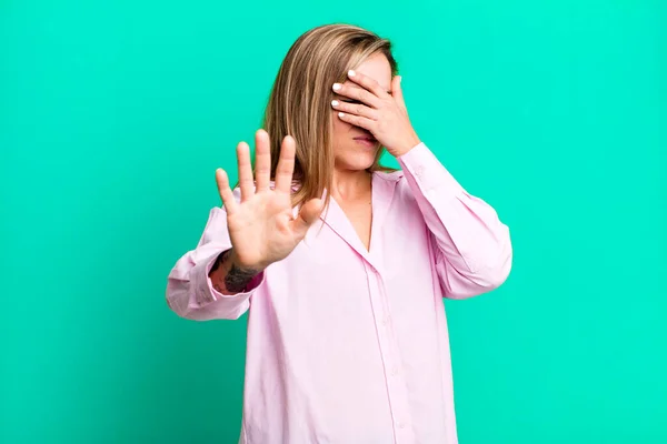 Blonde Adult Woman Covering Face Hand Putting Other Hand Front — Stock Photo, Image