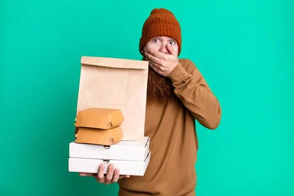 Young Adult Red Hair Bearded Cool Man Paper Bag Take — Stock Photo, Image