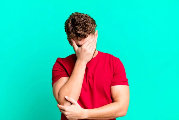 Young Adult Caucasian Man Looking Stressed Ashamed Upset Headache Covering — Stok fotoğraf
