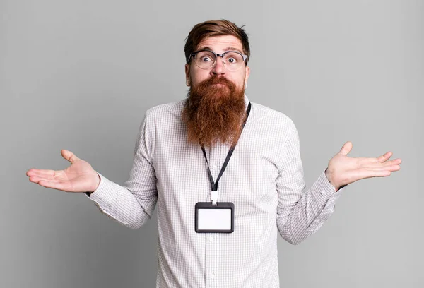 Long Beard Man Feeling Puzzled Confused Doubting Vip Badge Accreditation — Stock Photo, Image