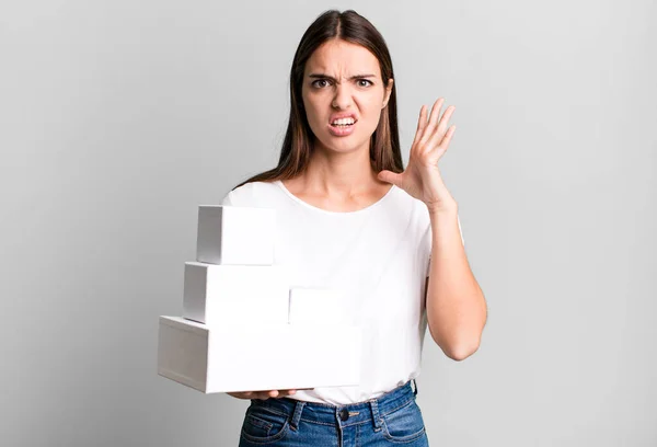 Young Pretty Woman Screaming Hands Air Blank White Boxes — Stock Photo, Image