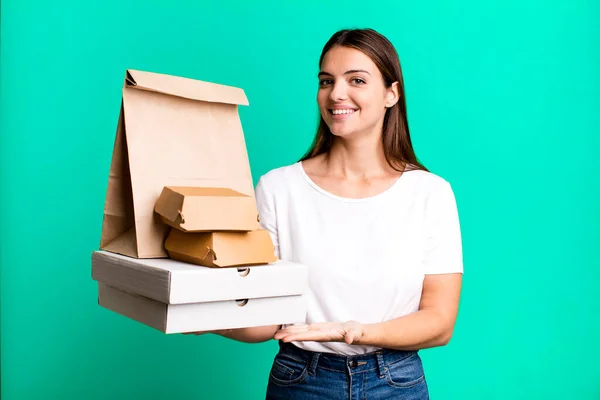 Young Pretty Woman Smiling Cheerfully Feeling Happy Showing Concept Delivery — Stock Photo, Image