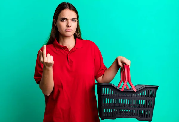 Young Pretty Woman Feeling Angry Annoyed Rebellious Aggressive Empty Shopping — Foto Stock